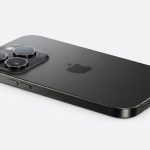 A high-resolution, perfectly lit product studio shot of the back of the new Apple iPhone 17 Pro in Black Titanium, angle