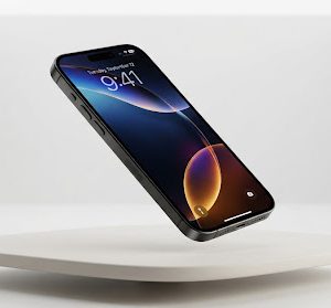 A large, striking, ultra-high-definition hero shot of the Apple iPhone 17 Pro in Black Titanium. The phone is floating s