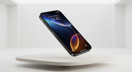 A large, striking, ultra-high-definition hero shot of the Apple iPhone 17 Pro in Black Titanium. The phone is floating s